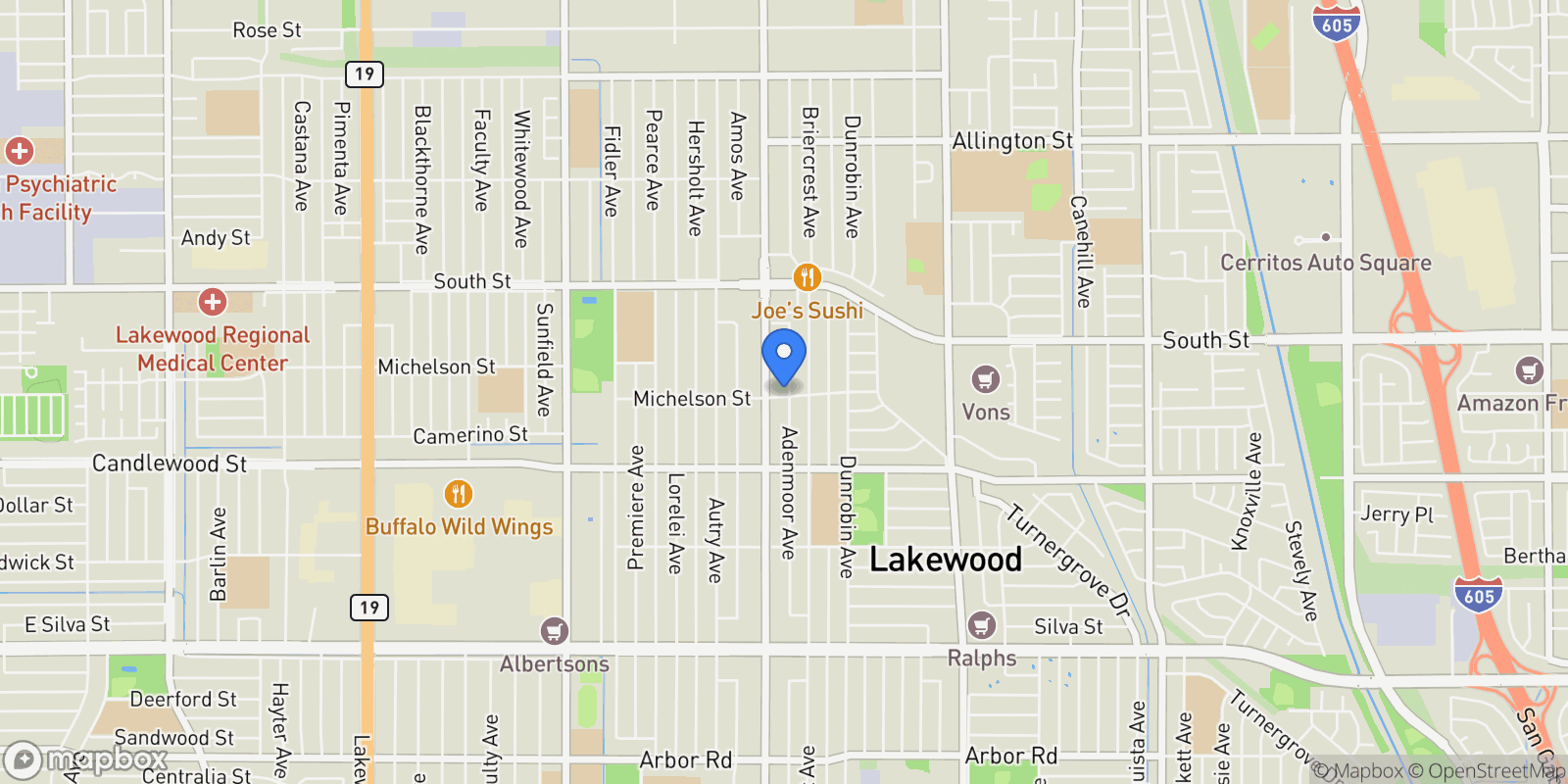 Map showing 5503 Adenmoor, Lakewood, California, United States.