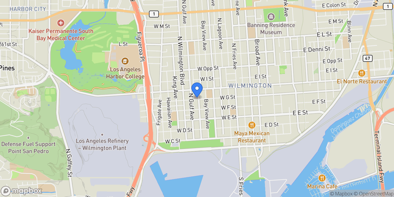 Map showing 829 W G, Los Angeles, California, United States.