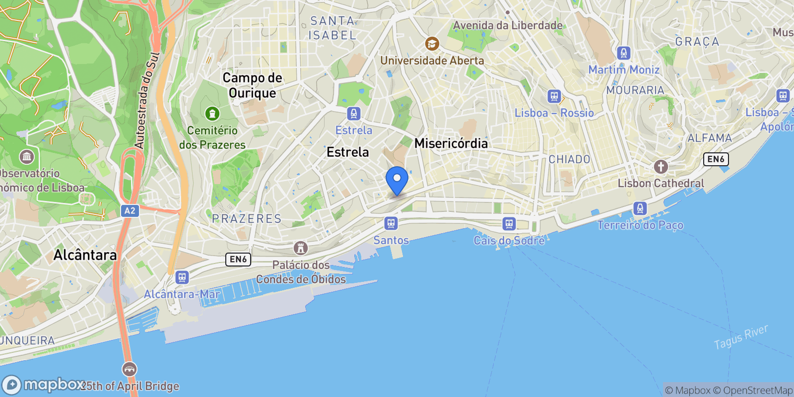 Map showing Santos, Lisboa, Estrela, Lisbon, Portugal.