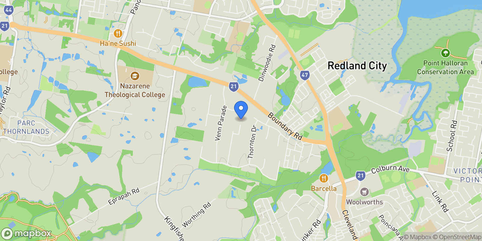 Map showing Mulgi Street, Thornlands, Queensland, Australia.