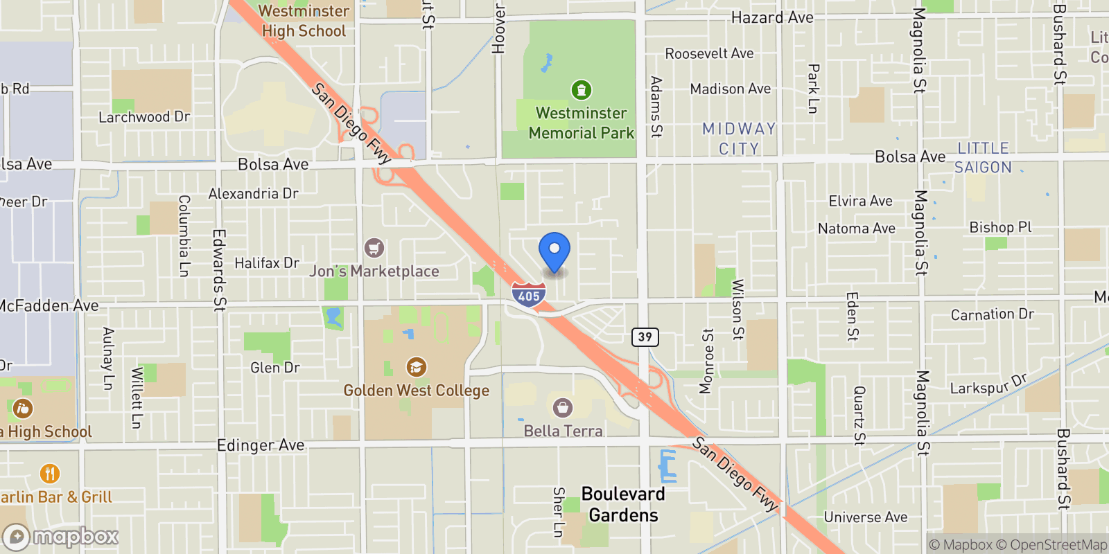 Map showing 15391 Rushmoor Lane, Huntington Beach, California, United States.