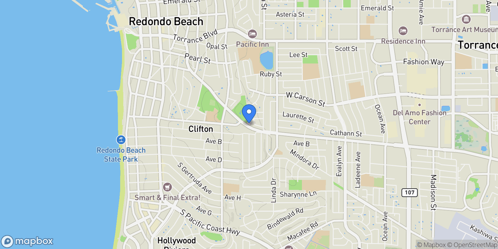 Map showing 1108 Camino Real , Redondo Beach, CA 90277, Torrance, California, United States.
