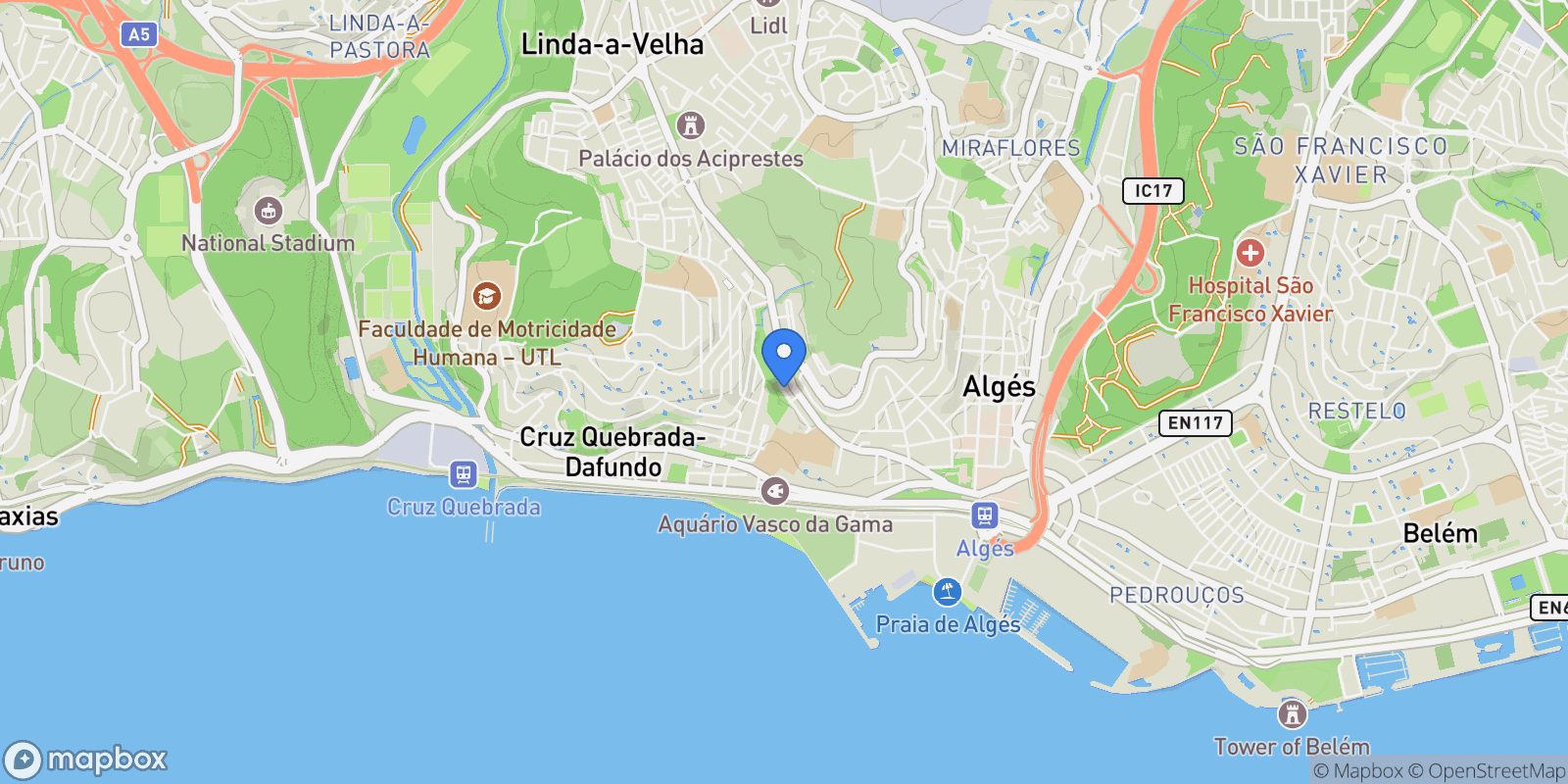 Map showing Algés, Linda-a-Velha e Cruz Quebrada-Dafundo, Oeiras, Lisboa, Oeiras, Alges, Lisbon, Portugal.