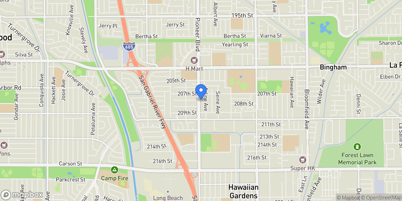 Map showing 20802 Pioneer Boulevard, Lakewood, California, United States.