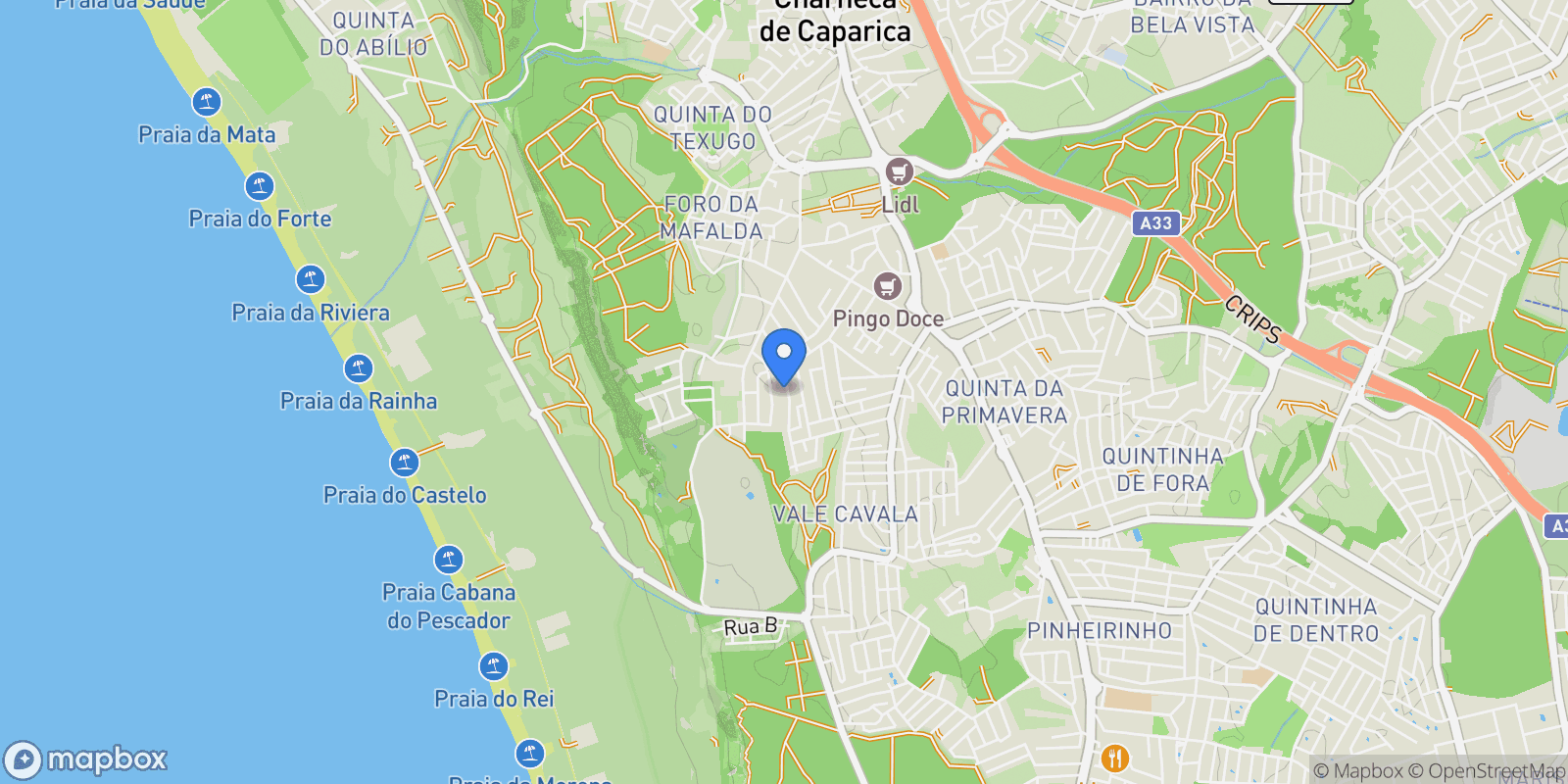 Map showing Charneca de Caparica e Sobreda, Almada, Setúbal, Almada, Charneca de Caparica e Sobreda, Setubal, Portugal.