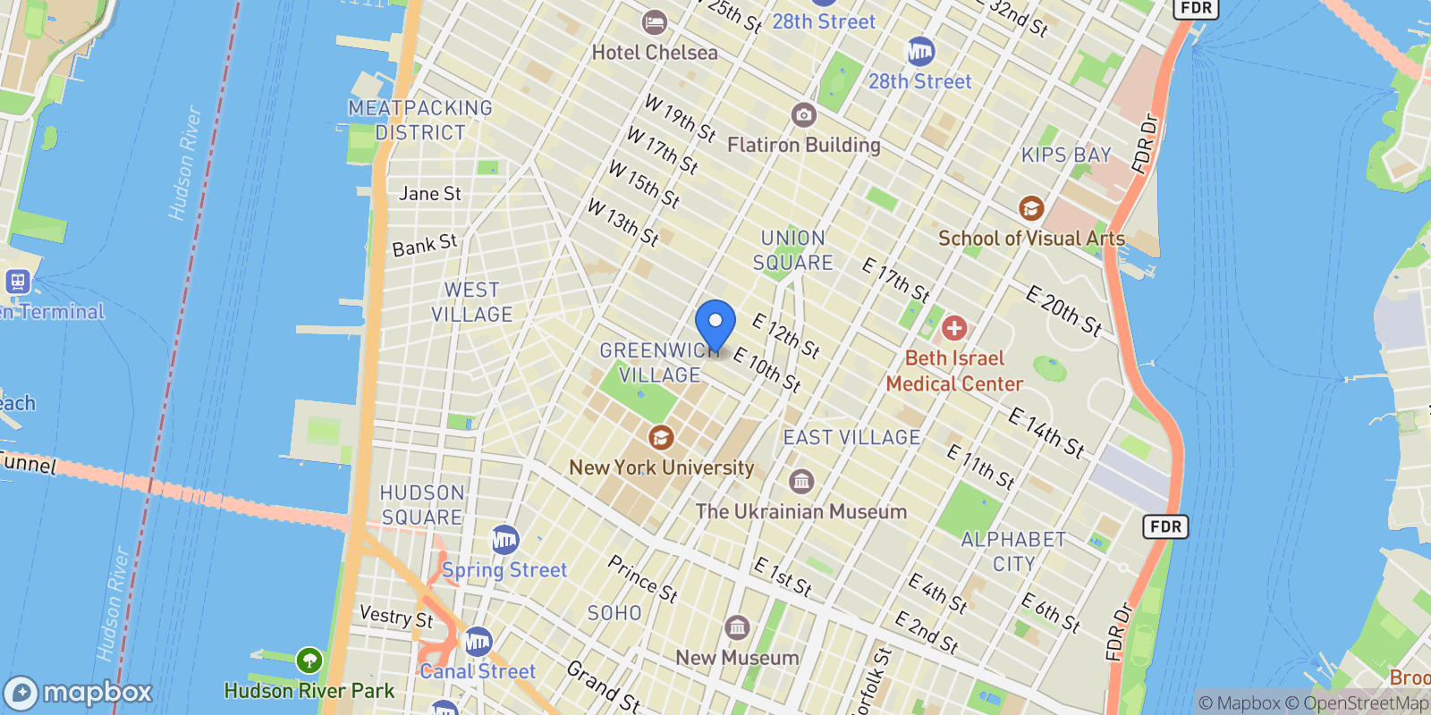 Map showing 29 E 9TH ST, New York, New York, United States.