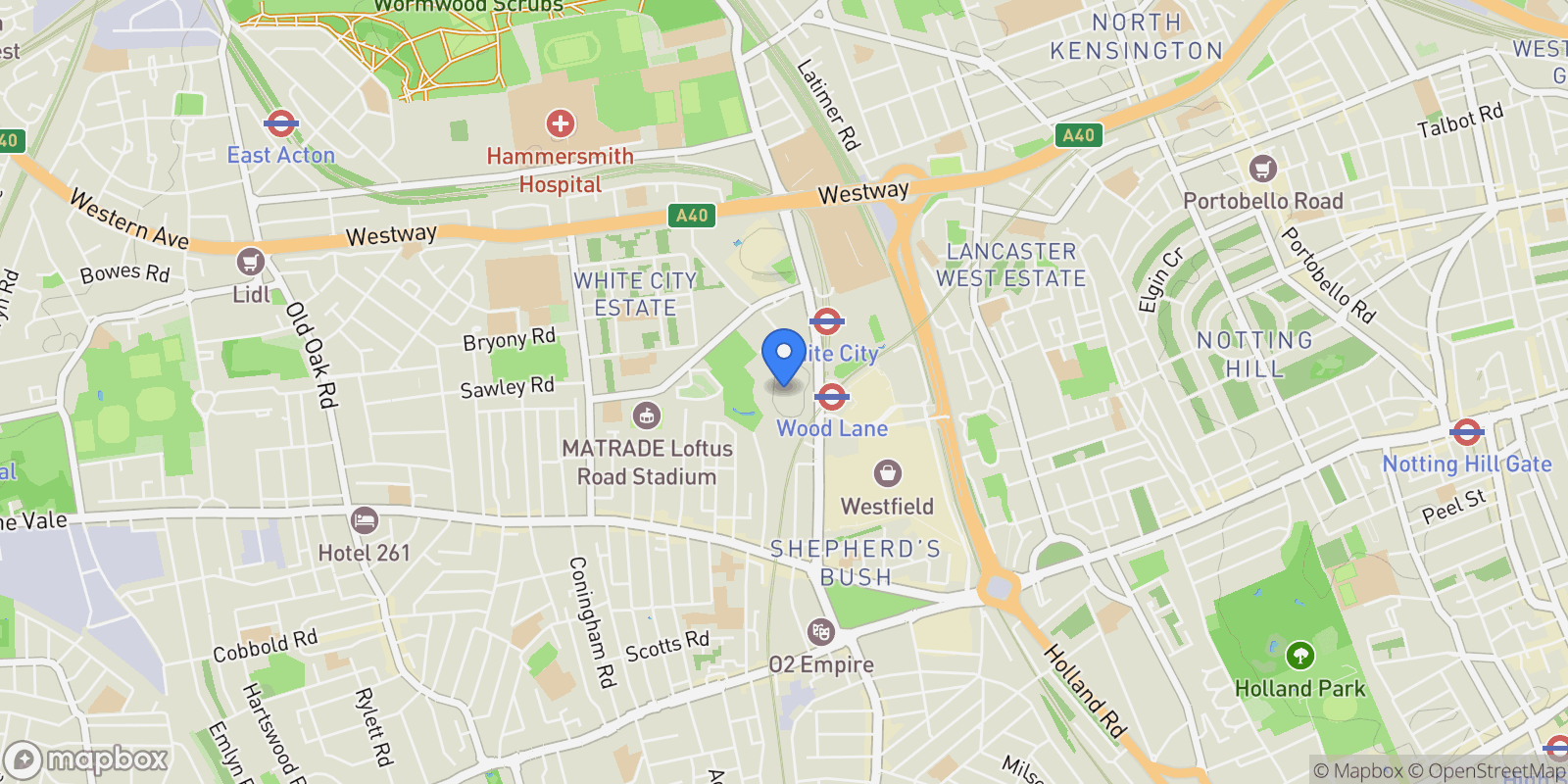 Map showing Wood Crescent, Television Centre, White City, London, London, England, United Kingdom.