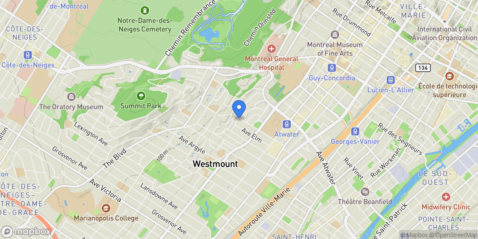 Map showing 500 Av. Wood, Westmount, Quebec, Canada.