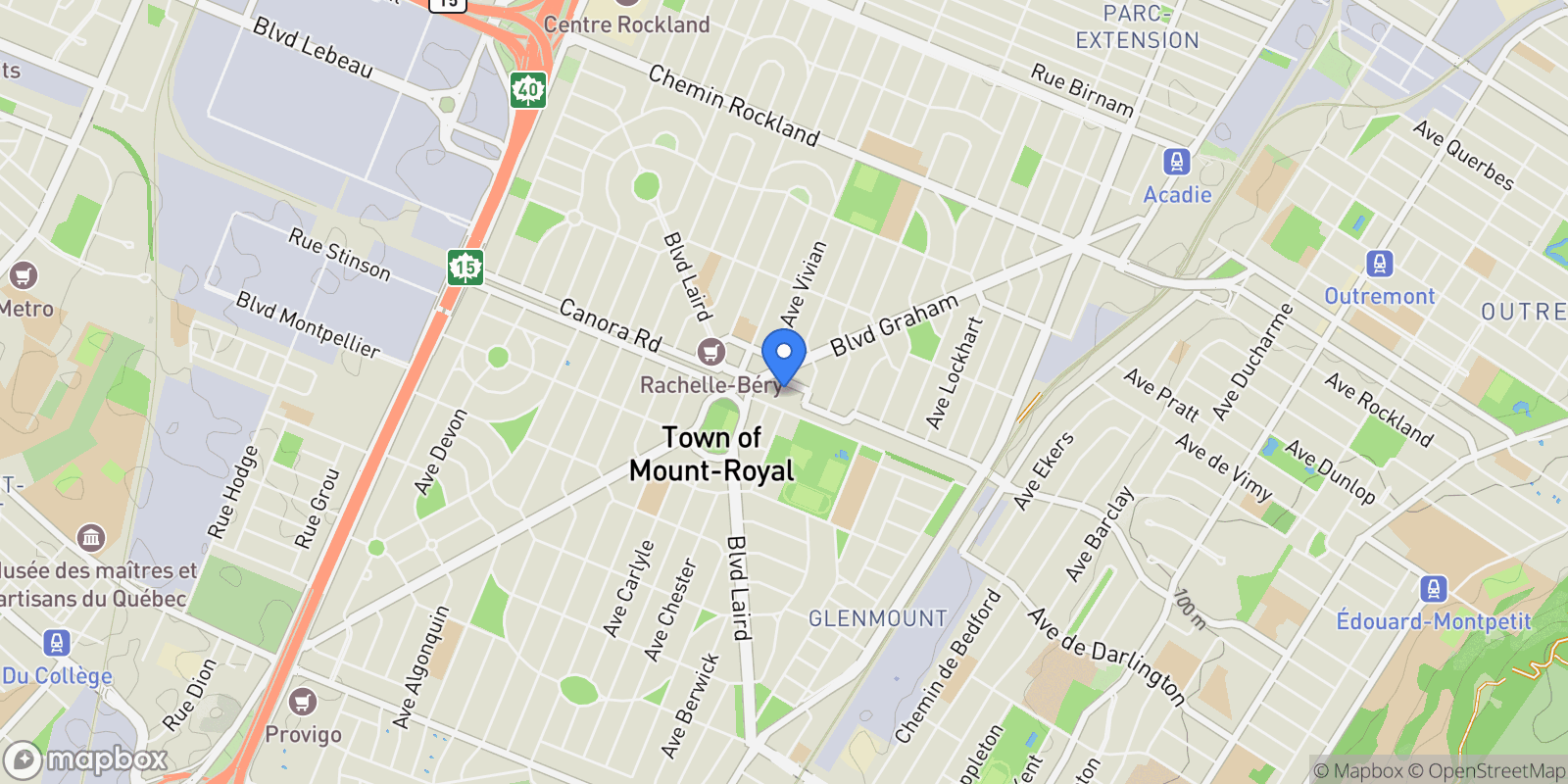 Map showing 1400 Crois. Merit 104, Mount Royal, Quebec, Canada.