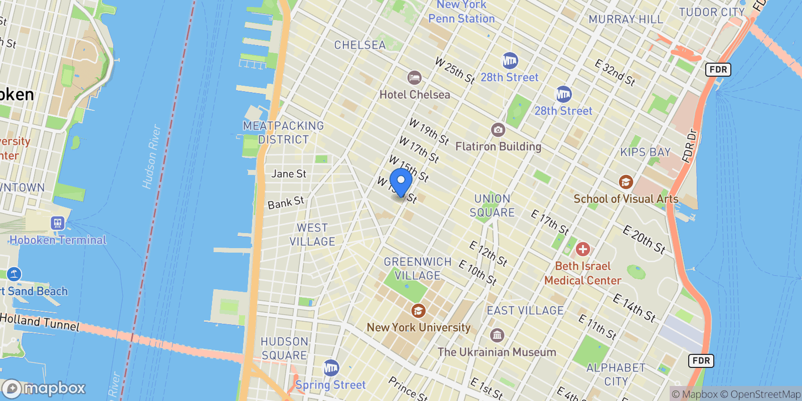 Map showing The John Adams, 101 W 12TH ST, New York, New York, United States.