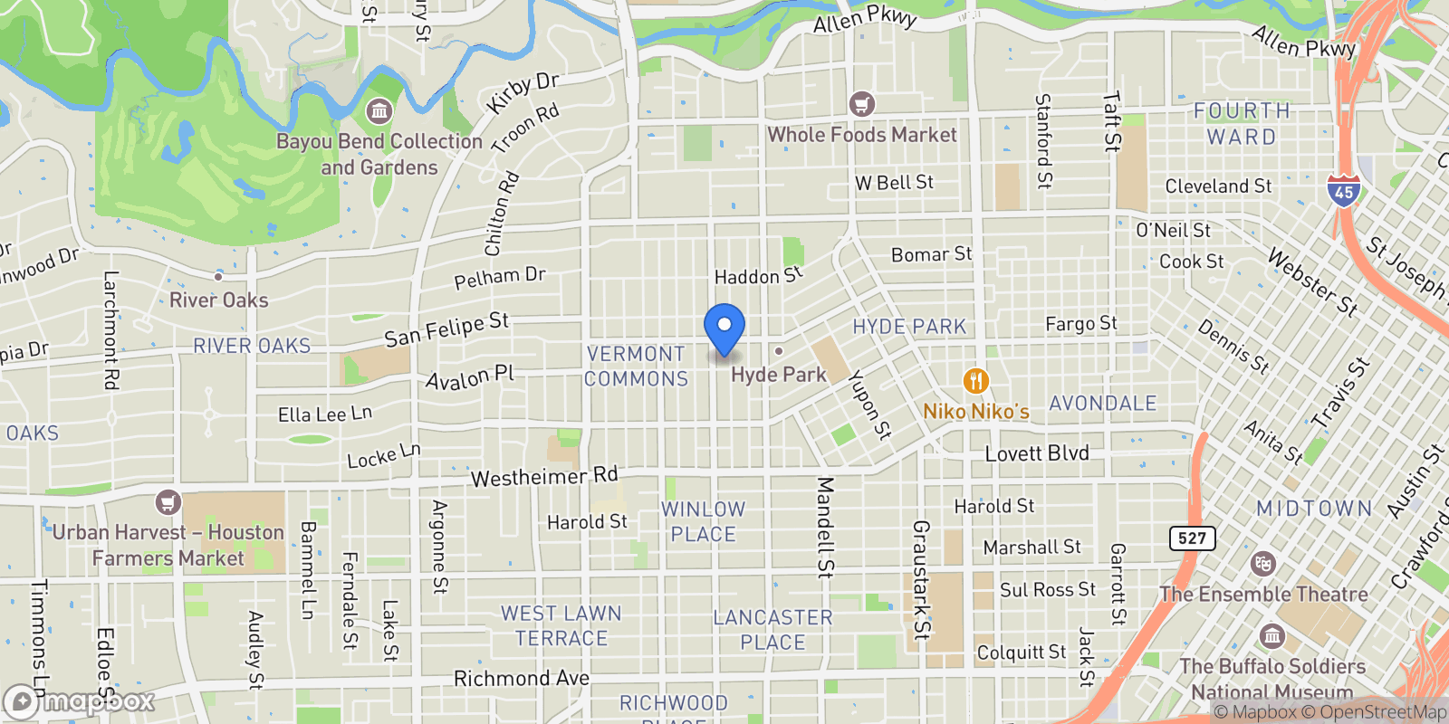 Map showing 2026 Elmen Street, Houston, Texas, United States.