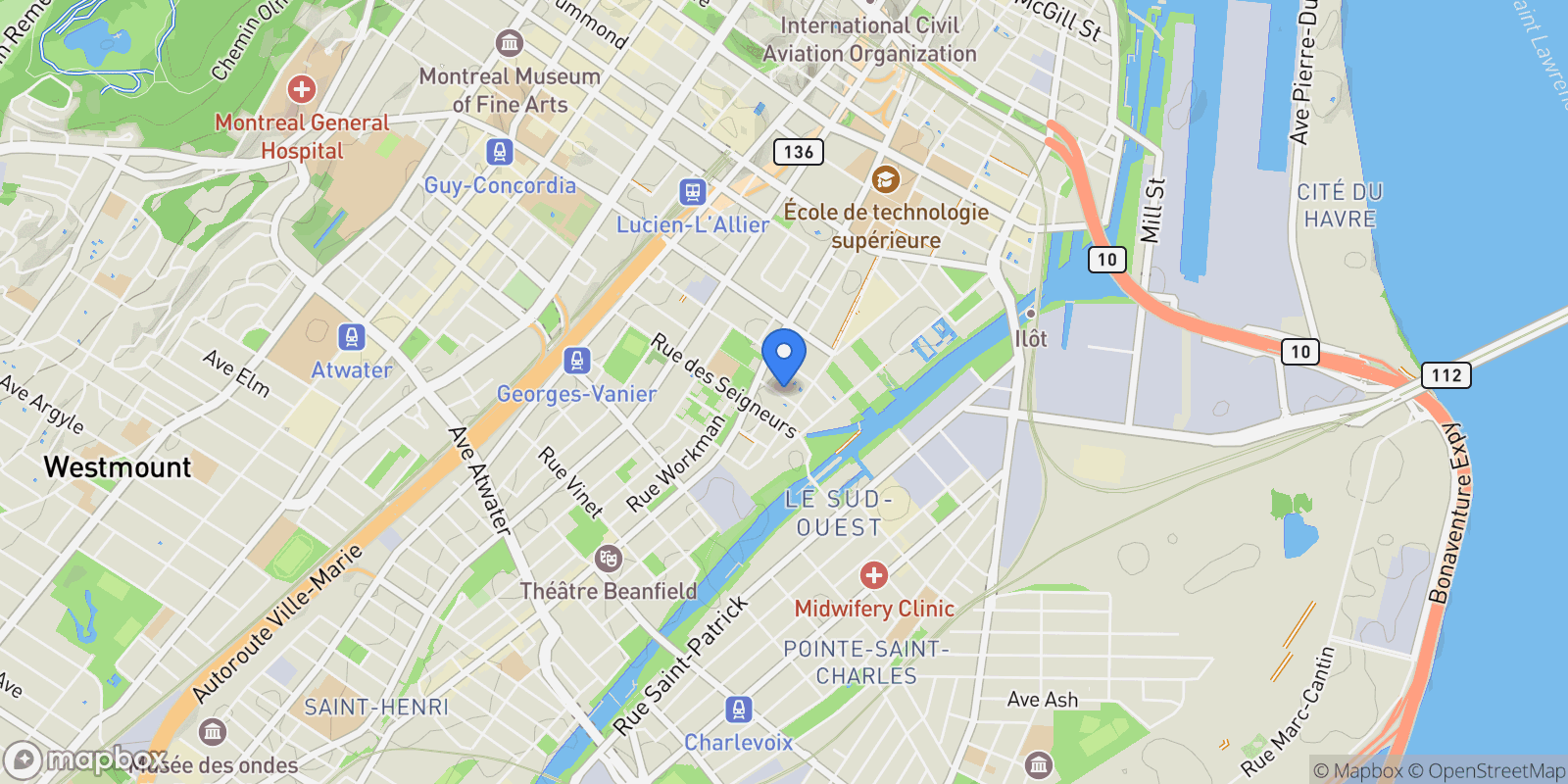 Map showing 385 Rue St-Martin PH701, Montréal, Quebec, Canada.