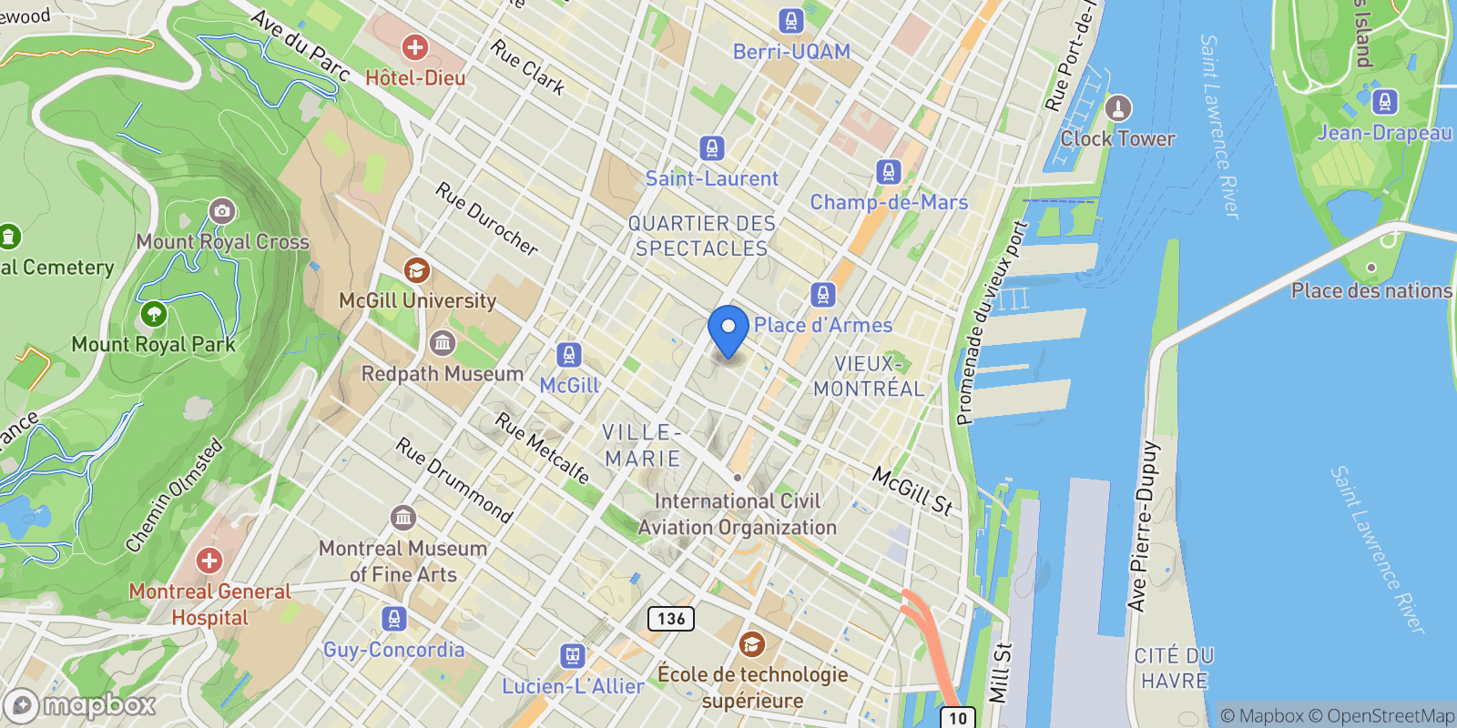 Map showing 1085 Rue St-Alexandre 102-103, Montréal, Quebec, Canada.