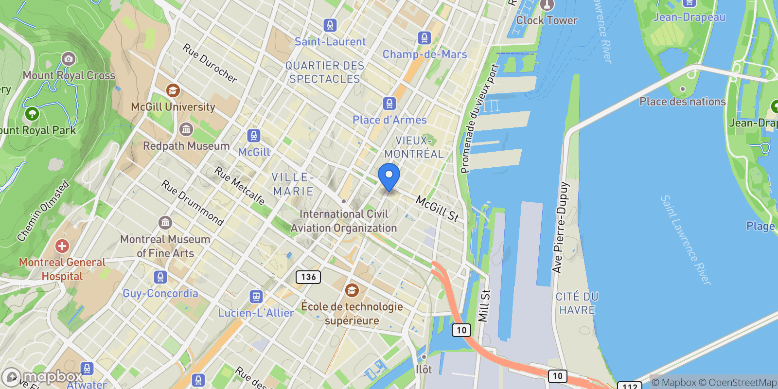 Map showing 650 Rue Notre-Dame O. PH1701, Montréal, Quebec, Canada.