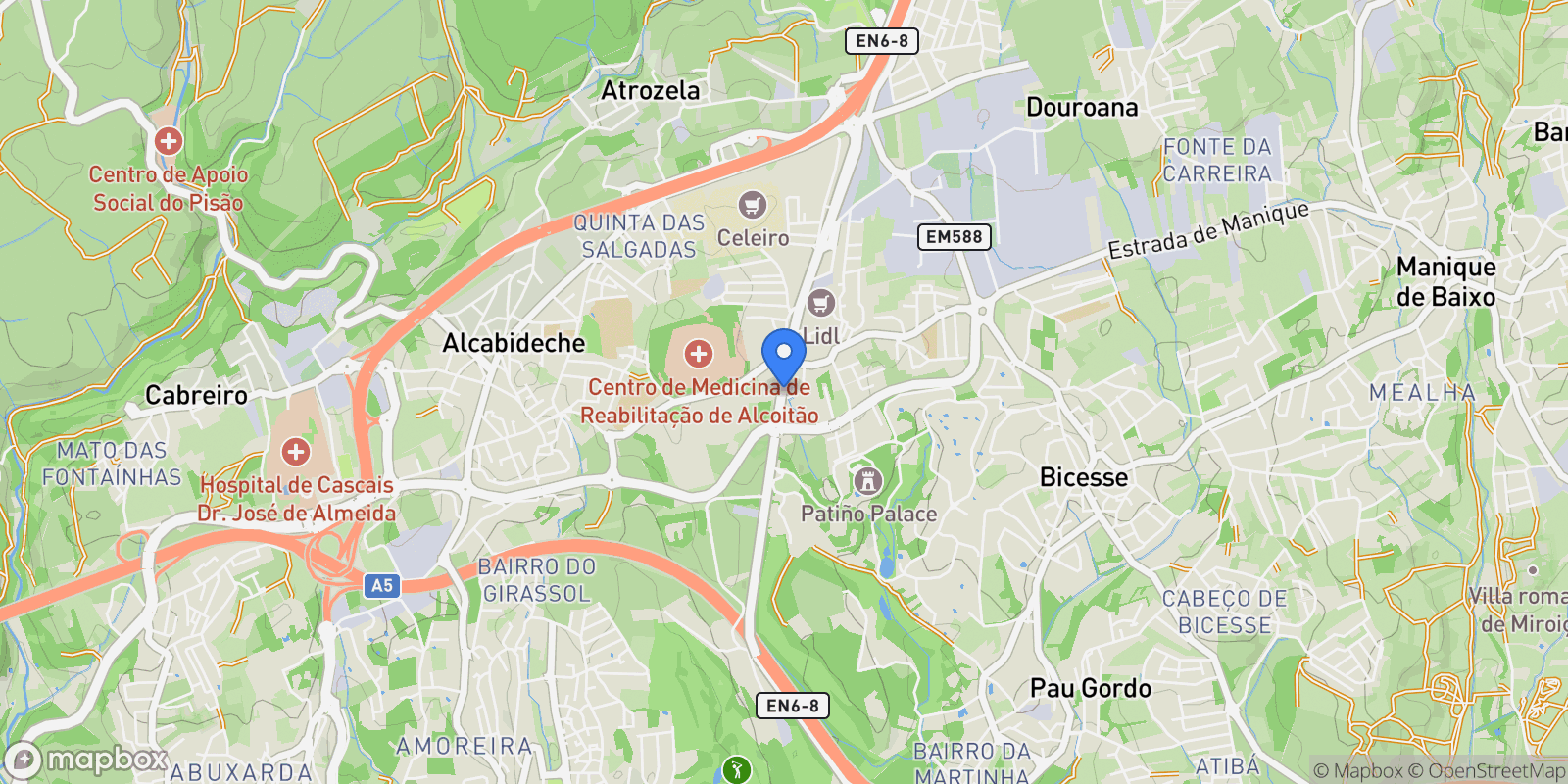 Map showing Cascais, 11 2645-143, Alcabideche, Lisbon, Portugal.