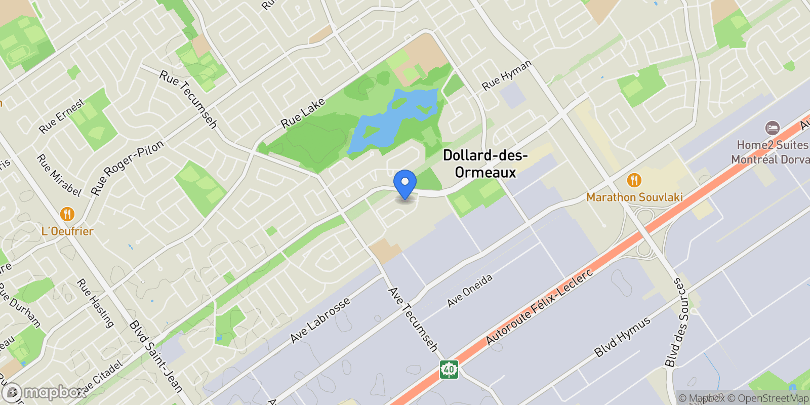 Map showing 114 Rue Louis-Riel, Dollard-Des Ormeaux, Quebec, Canada.