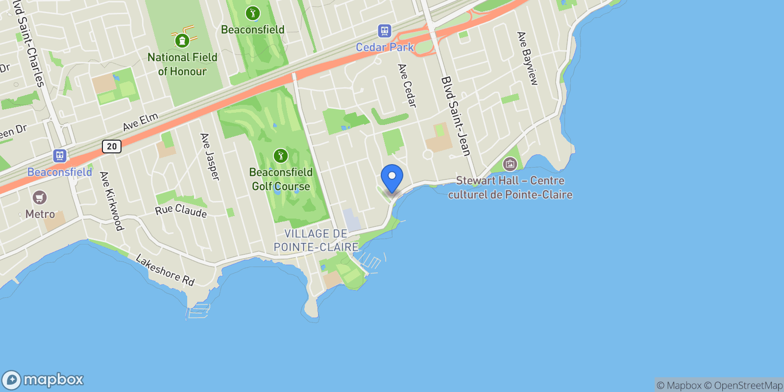 Map showing 222 Ch. du Bord-du-Lac-Lakeshore, Pointe-Claire, Quebec, Canada.