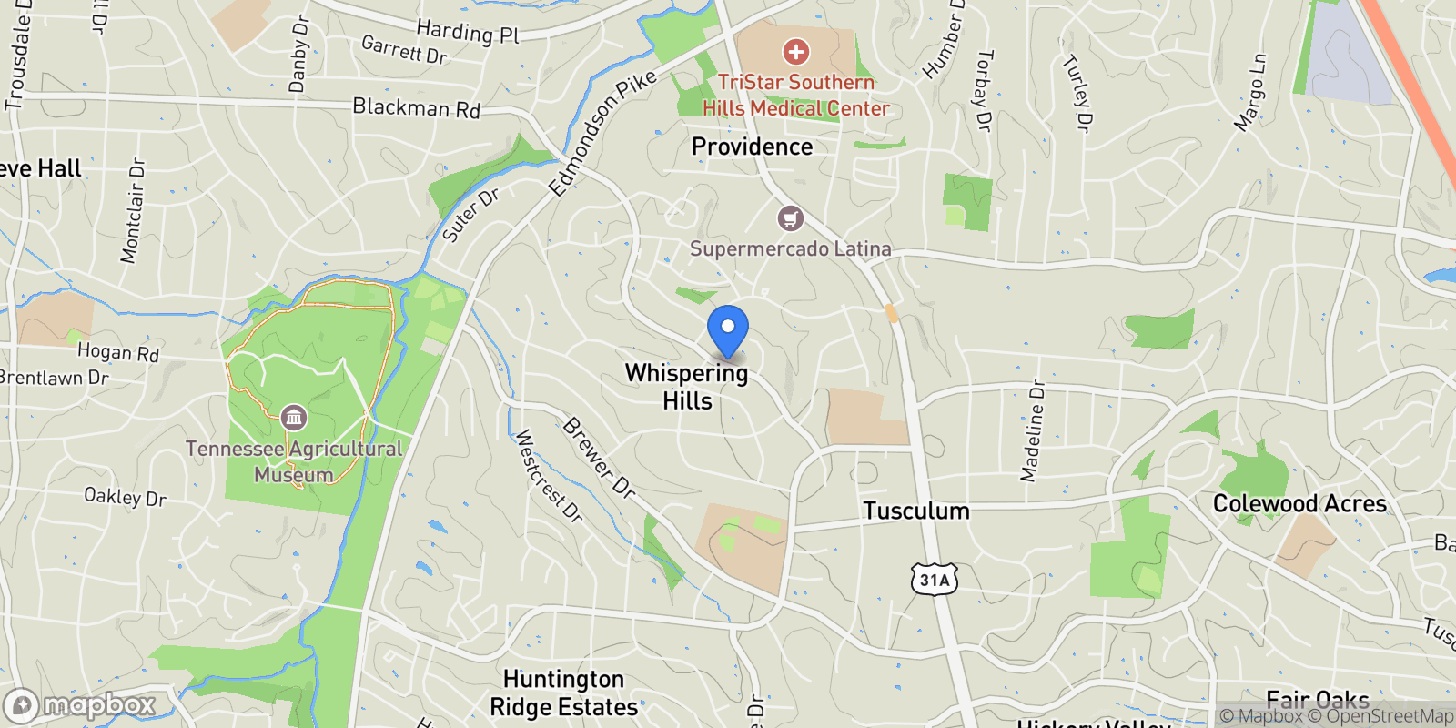 Map showing 546 Whispering Hills Dr, Nashville, Tennessee, United States.