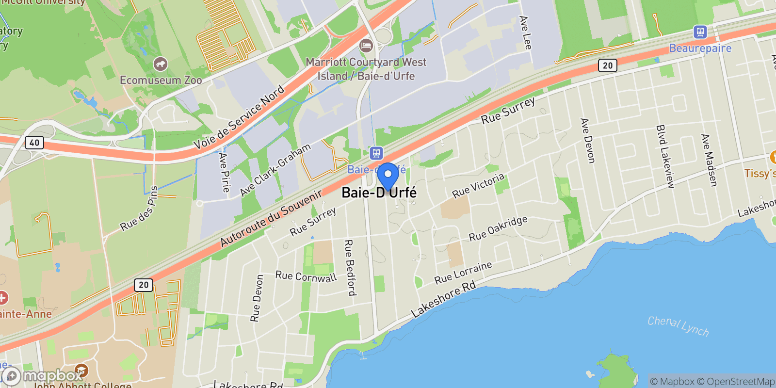 Map showing 49 Rue Lakeview, Baie-D'Urfe, Quebec, Canada.