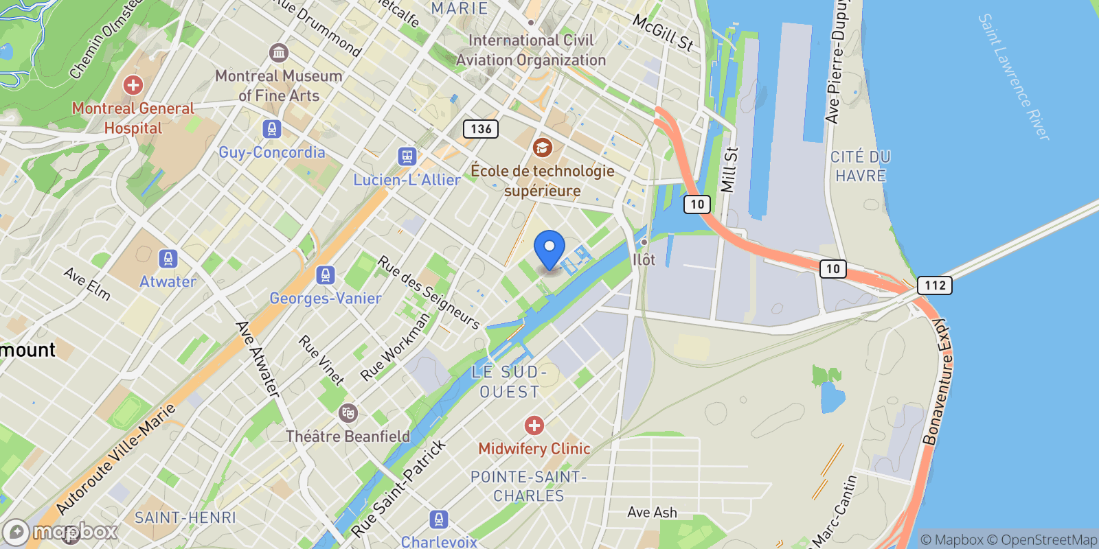 Map showing 1552 Rue des Bassins PH800, Montréal, Quebec, Canada.