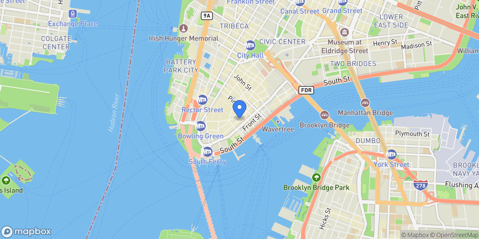 Map showing The Cocoa Exchange, 1 WALL STREET CT, New York, New York, United States.