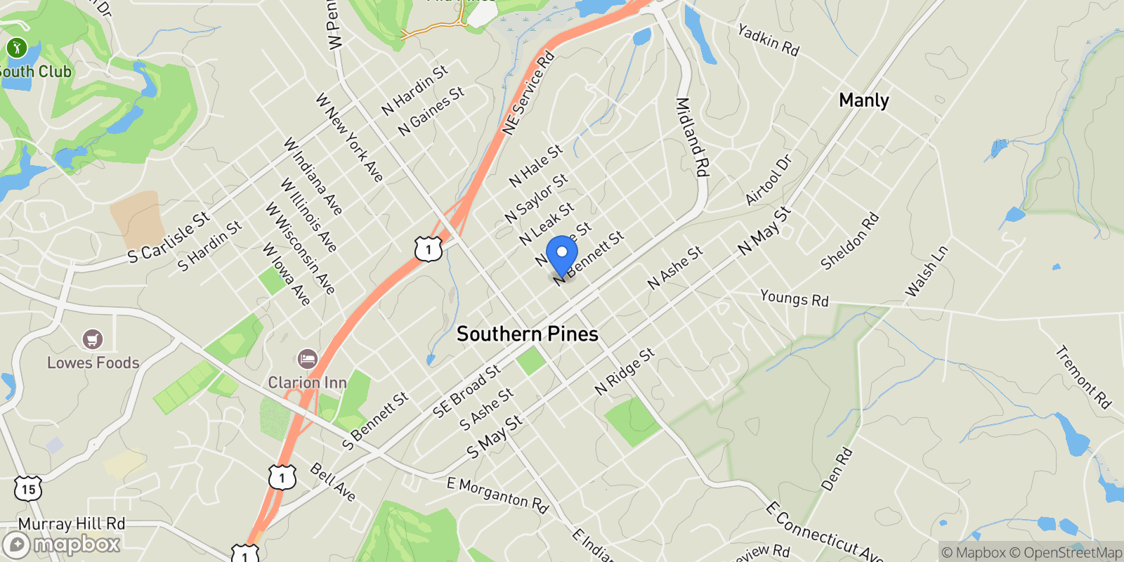 Map showing 326 N Bennett Street, Southern Pines, North Carolina, United States.