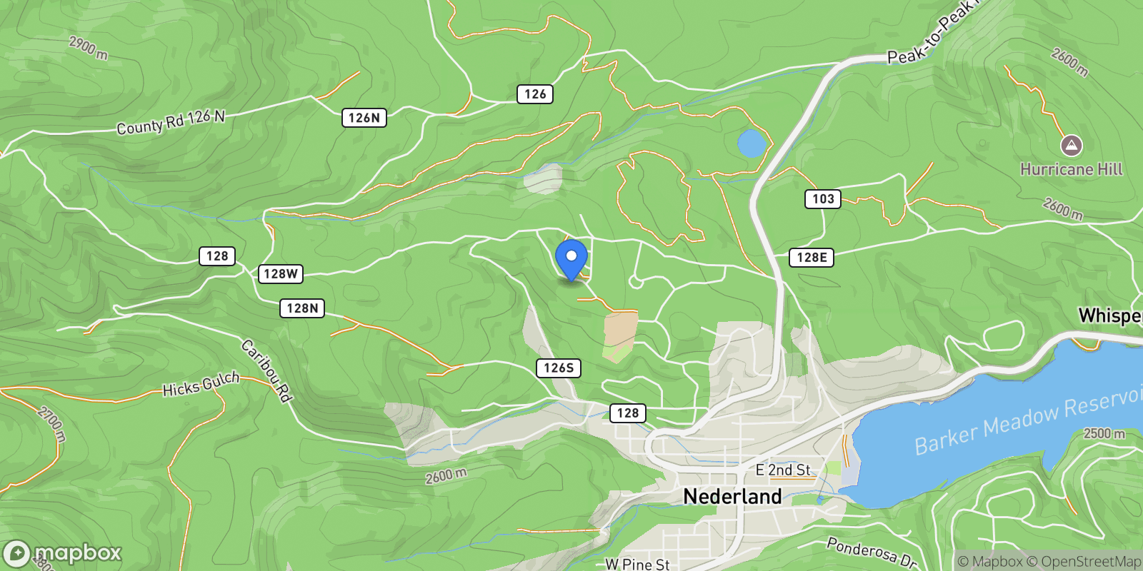 Map showing 15 Ridge View Rd, Nederland, CO 80466, Nederland, Colorado, United States.