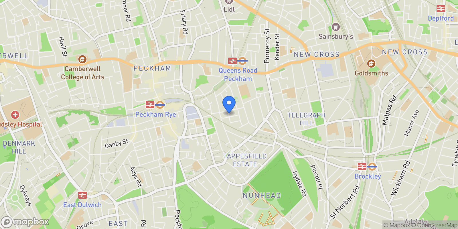 Map showing Lyndhurst Way, Peckham Rye, London, England, United Kingdom.