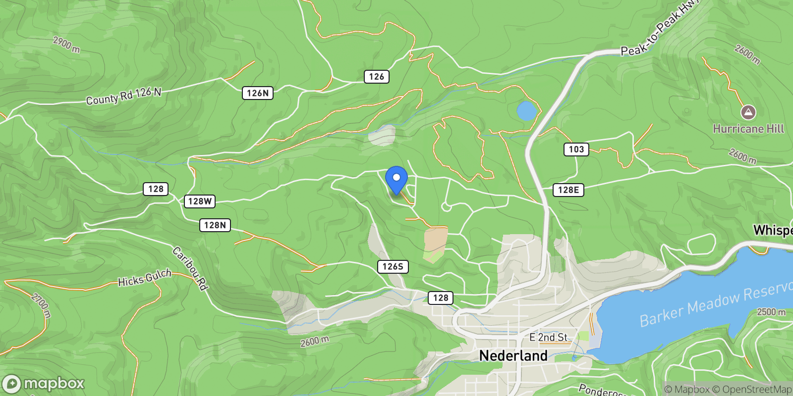 Map showing 16 Ridge View Rd, Nederland, CO 80466, Nederland, Colorado, United States.