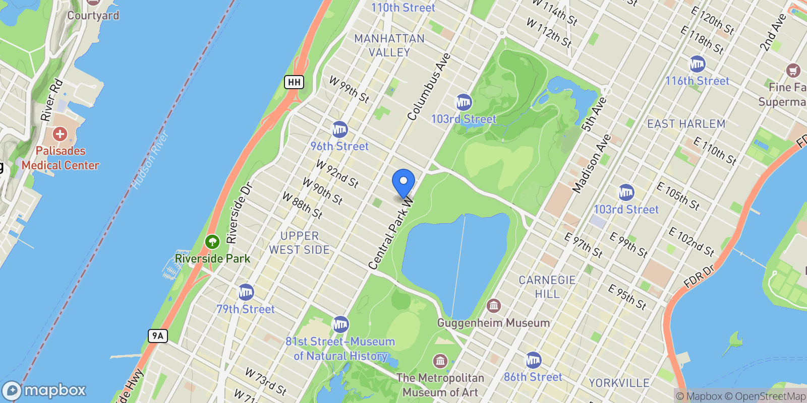 Map showing 327 CENTRAL PARK W, New York, New York, United States.
