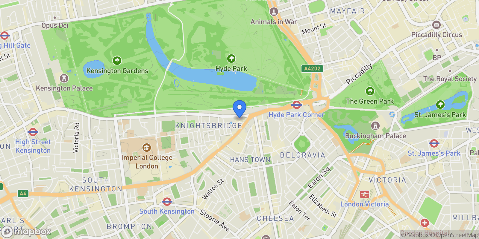 Map showing Ennismore Gardens, Knightsbridge, London, England, United Kingdom.