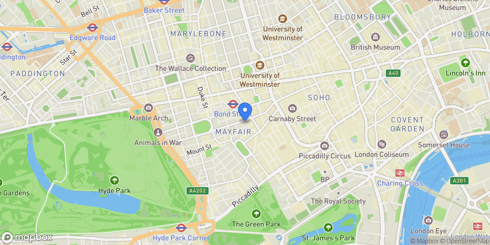 Map showing Dunraven Street, Mayfair, W1K, London, England, United Kingdom.