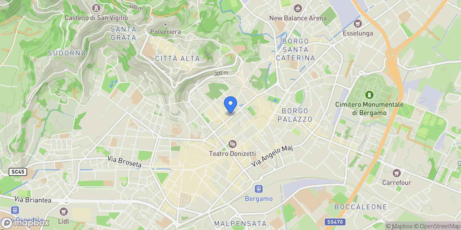 Map showing Bergamo, Lombardy, Italy.