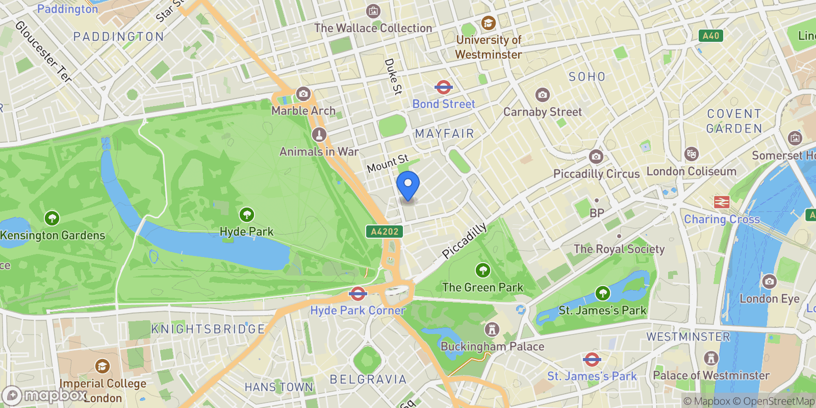 Map showing Stanhope Gate, Mayfair, W1K, London, England, United Kingdom.