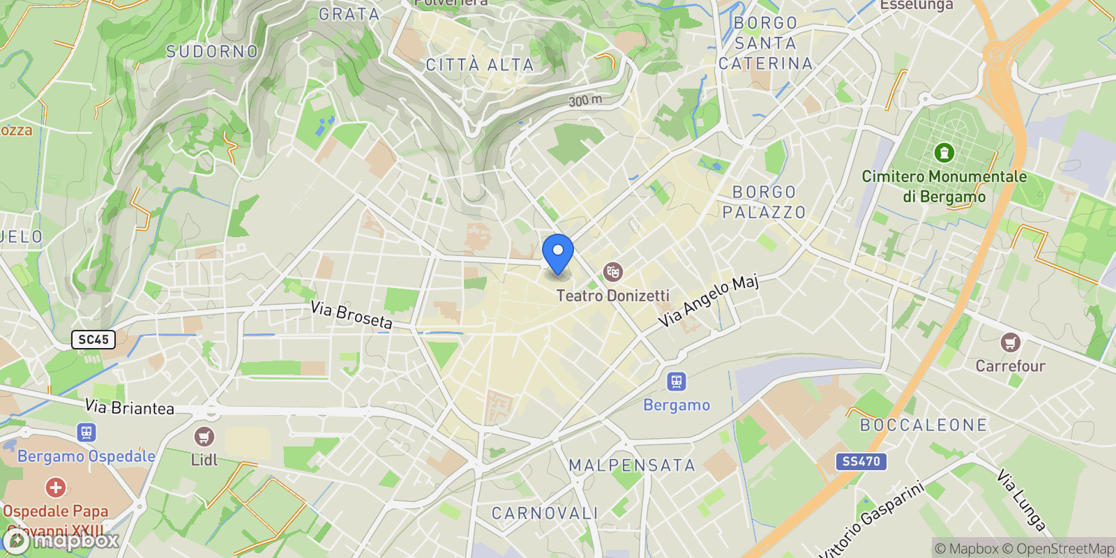 Map showing Bergamo, Lombardy, Italy.