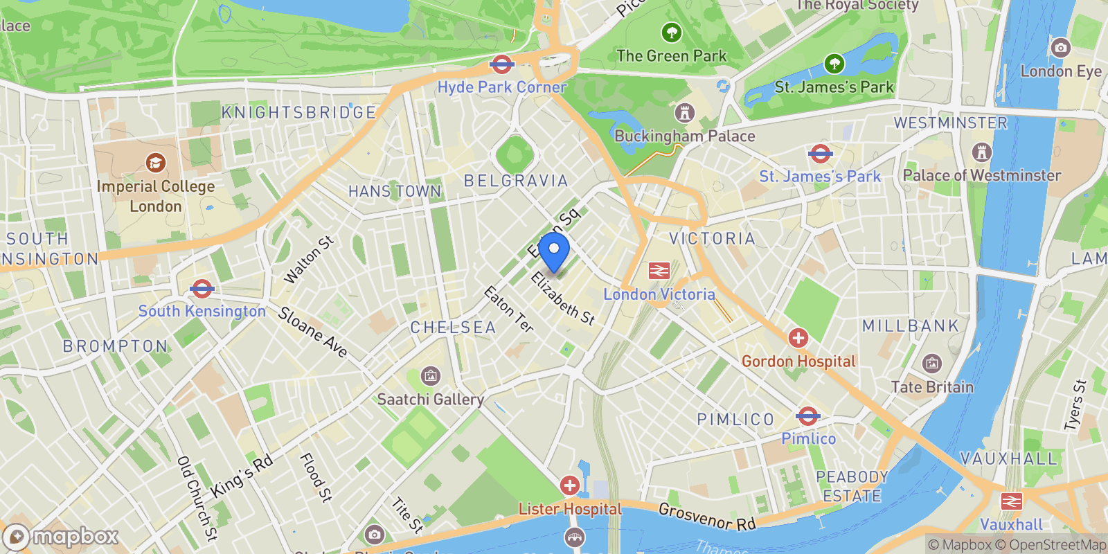 Map showing Ebury Square, Belgravia, SW1W, London, England, United Kingdom.
