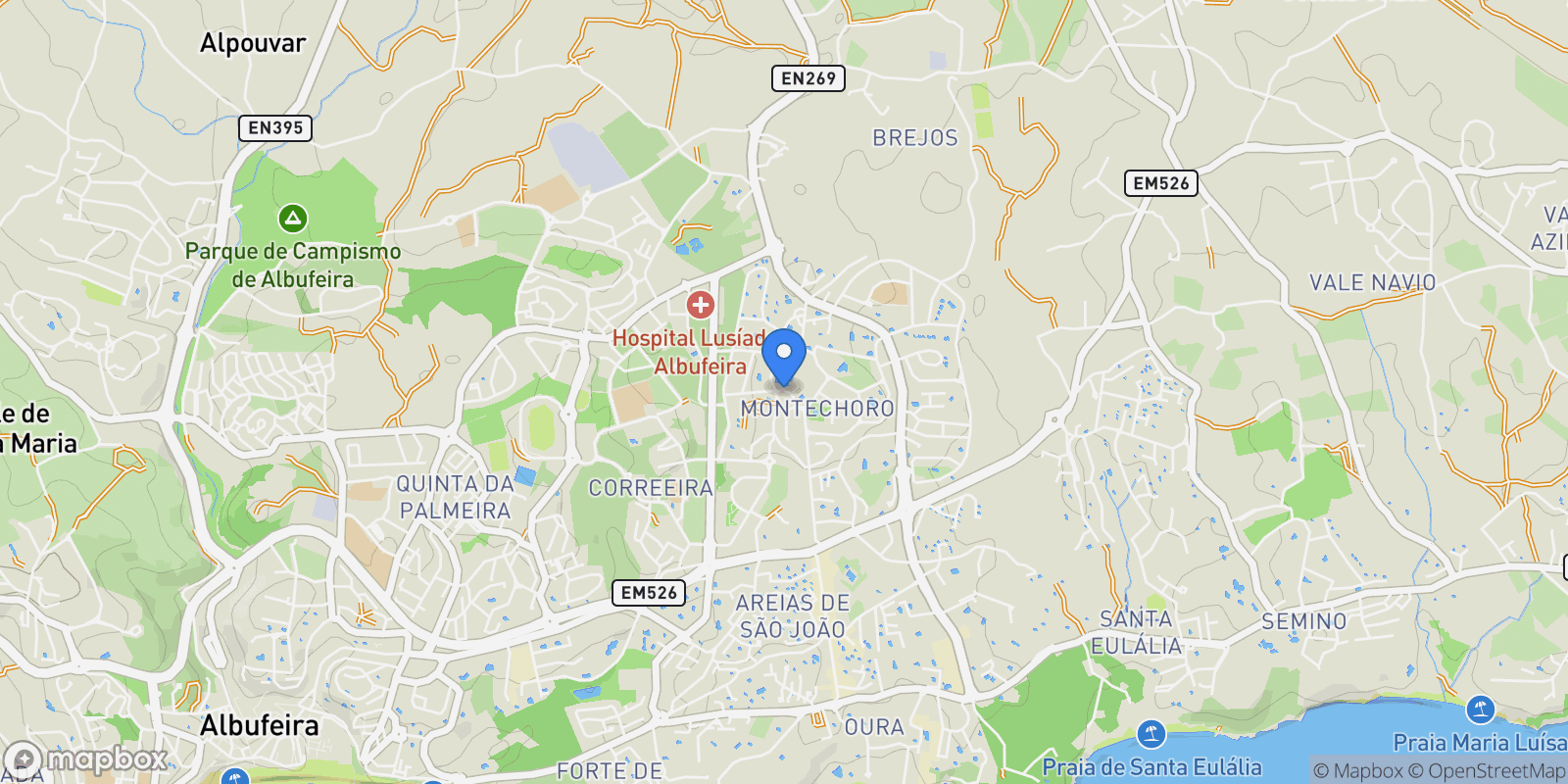 Map showing Montechoro, Algarve, Olhos de Agua, Algarve, Portugal.