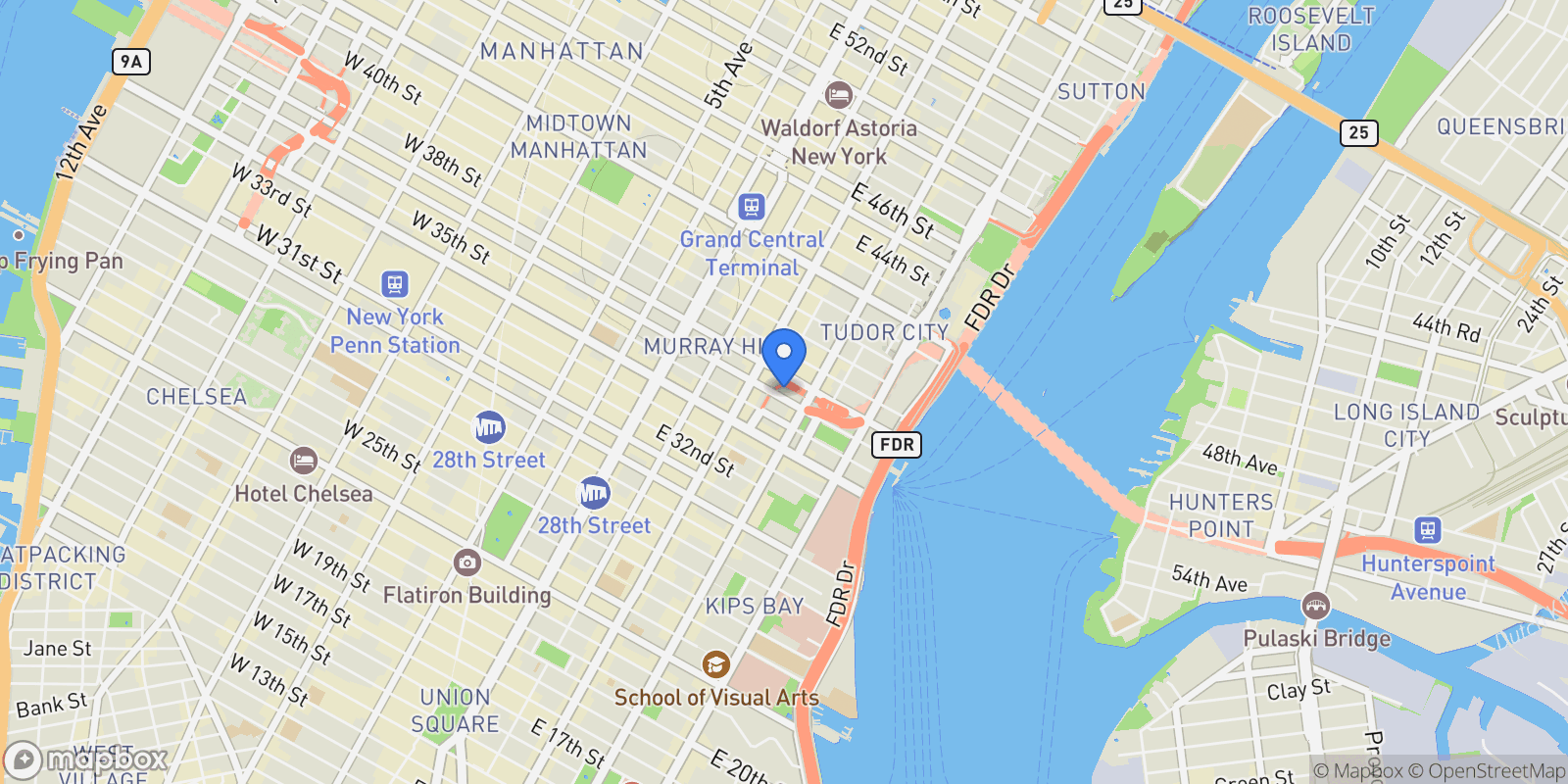 Map showing Murray Hill Crescent, 225 E 36TH ST, New York, New York, United States.