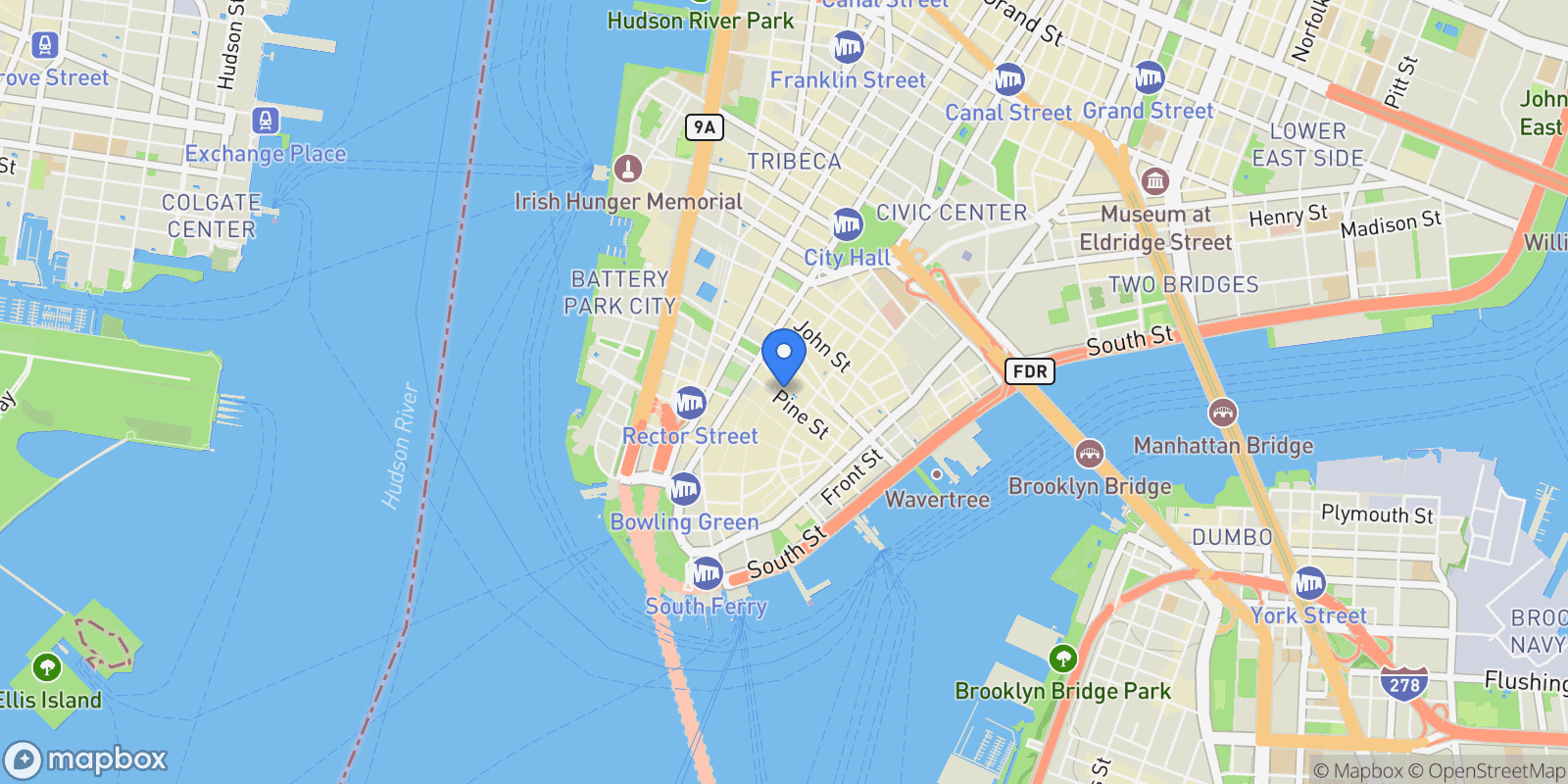 Map showing The Collection, 20 PINE ST, New York, New York, United States.