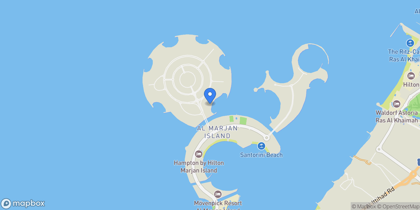 Map showing Al Marjan islan the astera, Al Jazirah Al Hamra, Ras al Khaimah, United Arab Emirates.