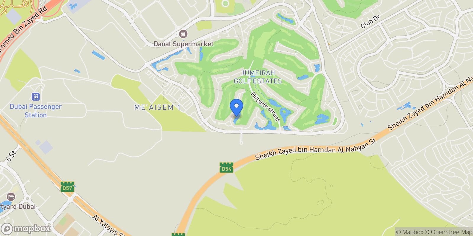 Map showing Jumeirah Golf Estate, Dubai, Dubai, United Arab Emirates.