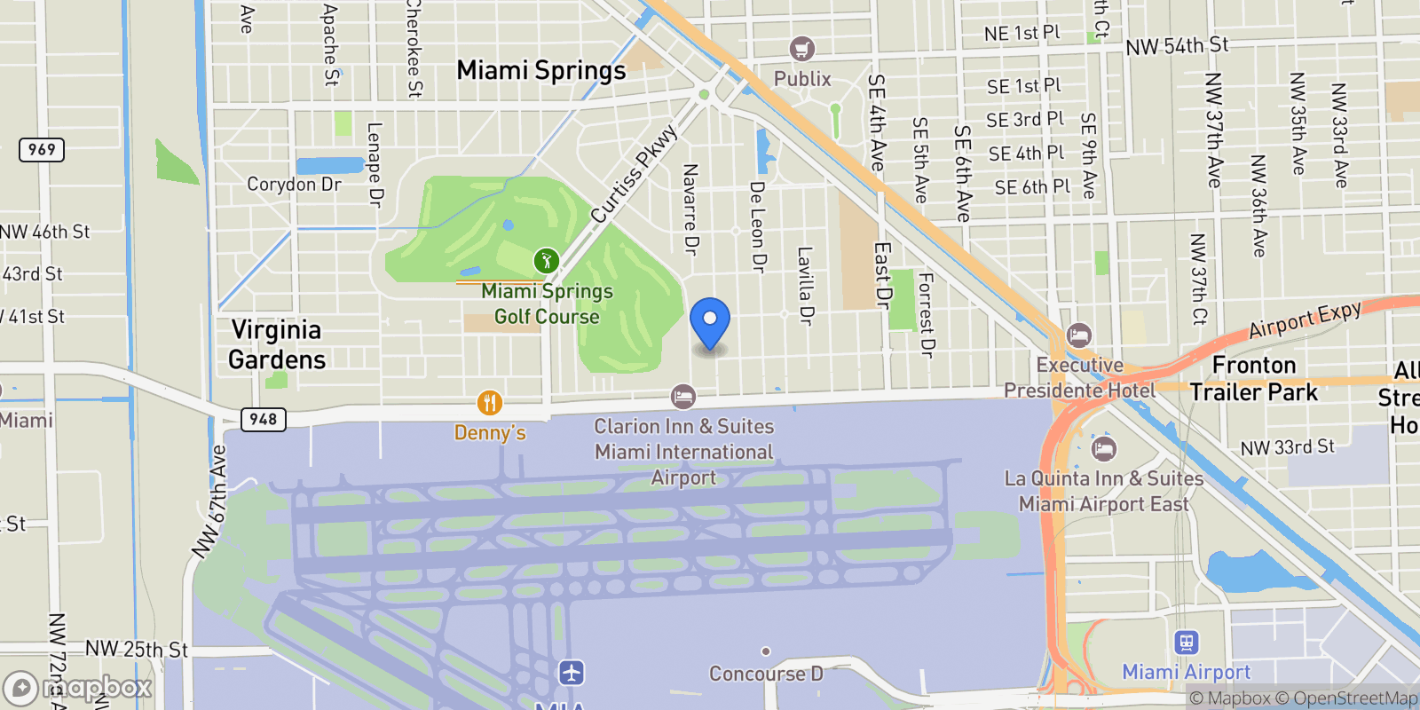 Map showing 588 Palmetto Dr, Miami Springs, Florida, United States.