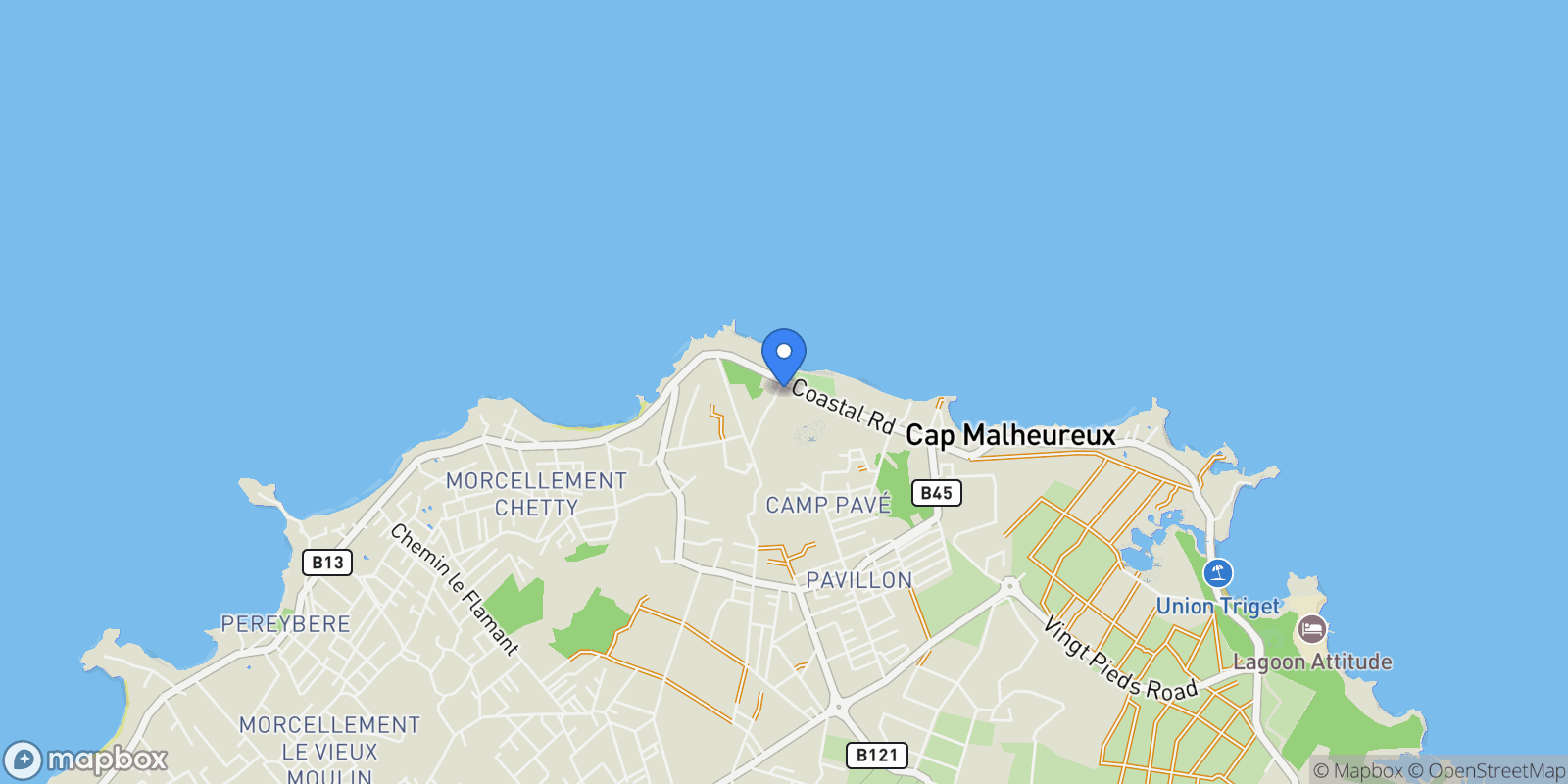 Map showing Cap Malheureux, Rivière du Rempart District, Mauritius.