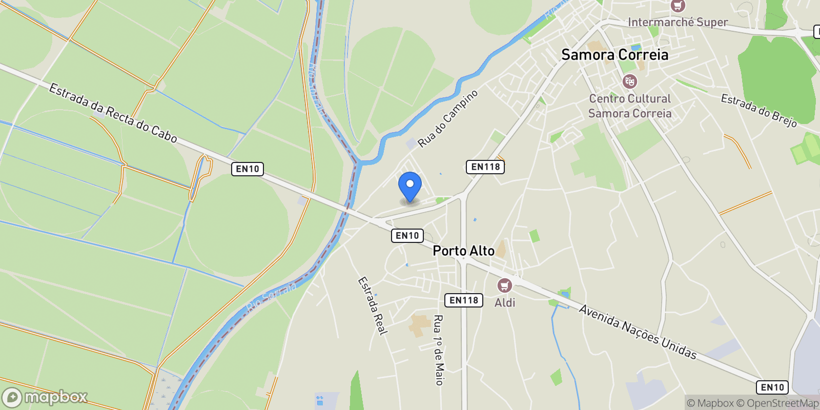 Map showing Rua Guerra Junqueiro no 14, Samora Correia, Portugal, Samora Correia, Santarem District, Portugal.