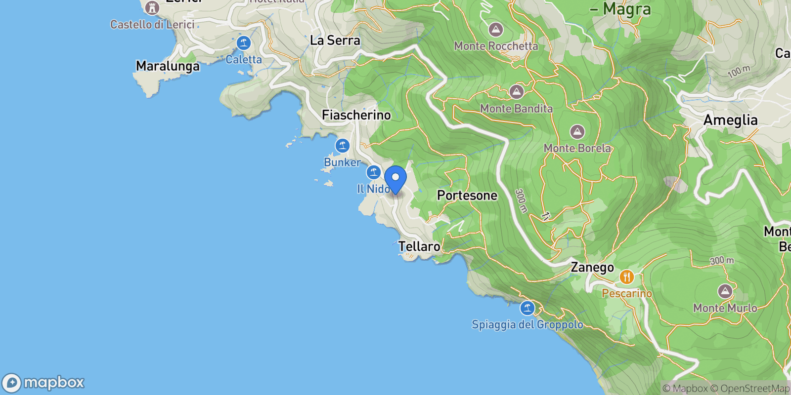 Map showing Località Fiascherino, 19032 Tellaro SP, Italy, Tellaro, Liguria, Italy.