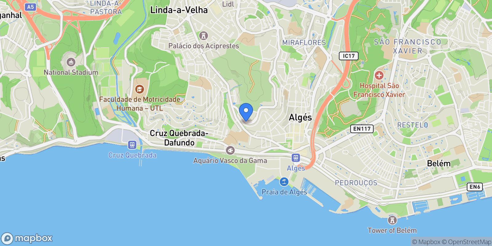 Map showing Rua Doutor Mário Charrua 33, Algés, Portugal, Alges, Linda-a-Velha e Cruz Quebrada-Dafundo, Lisbon, Portugal.