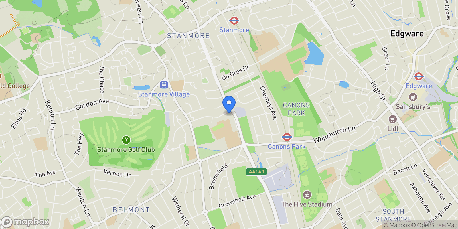 Map showing The Cedars, Stanmore Common, Stanmore, Elstree, England, United Kingdom.