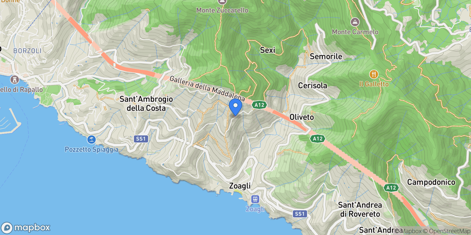 Map showing VIA DEI LECCI 12, Zoagli, Liguria, Italy.
