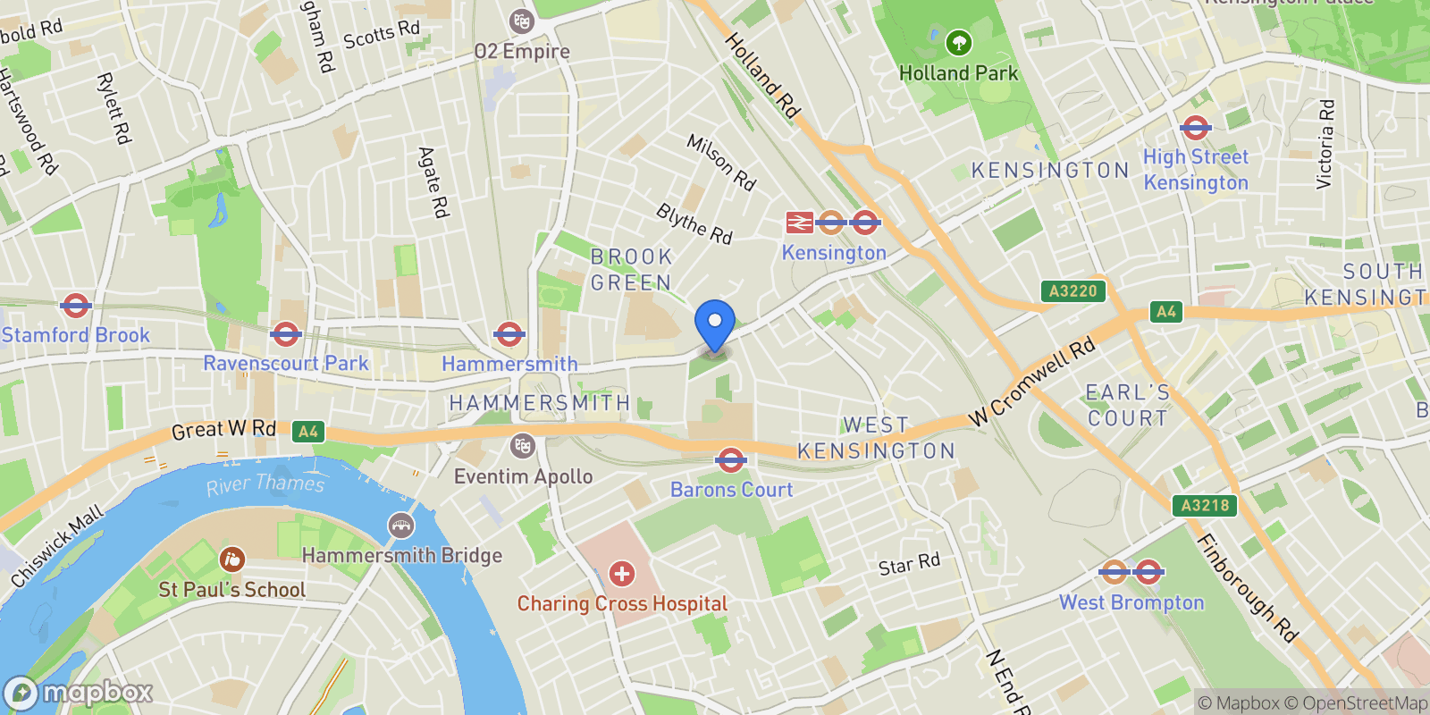 Map showing Sinclair Gardens, London, W14, London, England, United Kingdom.