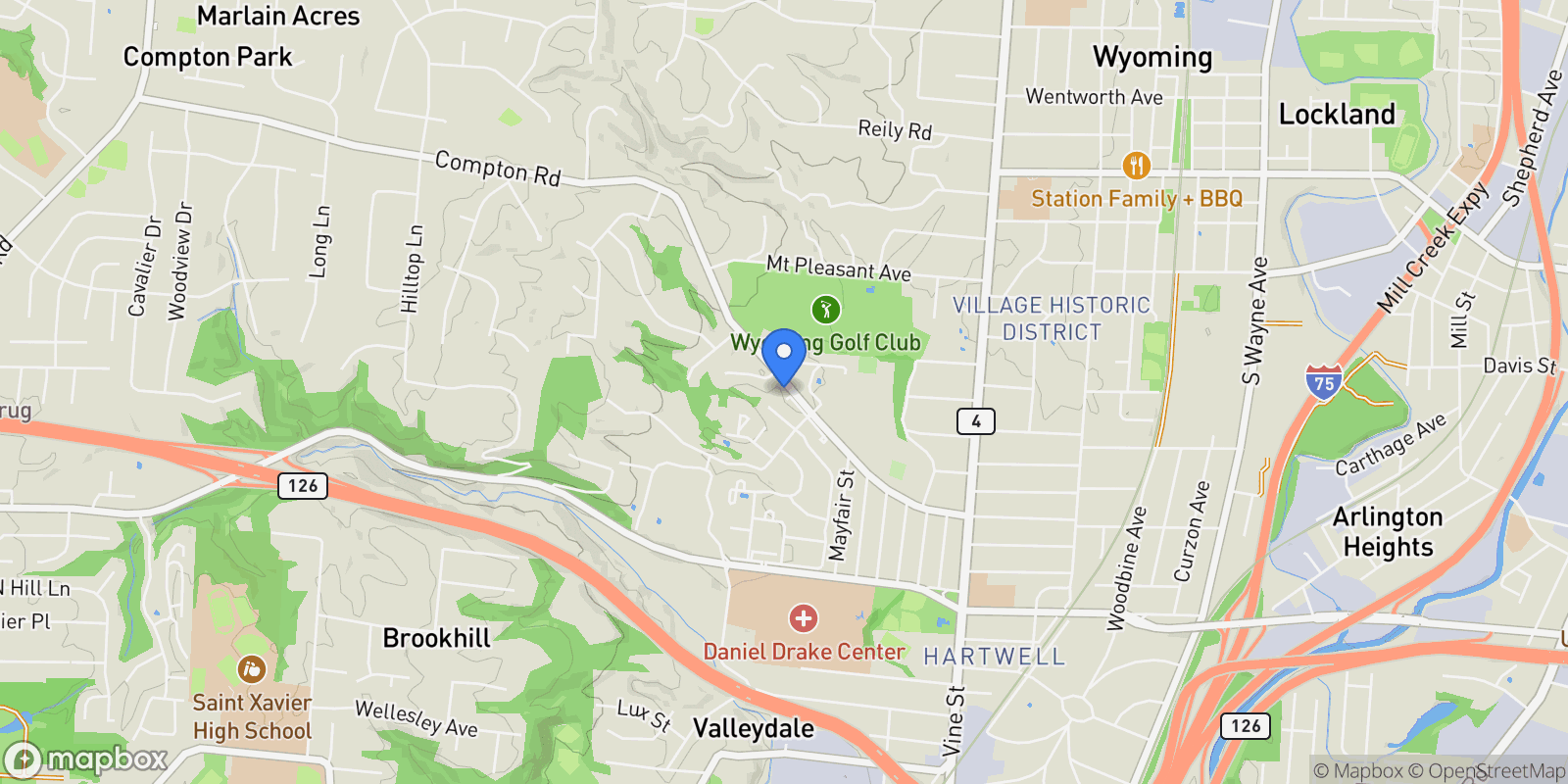 Map showing 163 Compton Road, Wyoming, OH 45215, Wyoming, Ohio, United States.